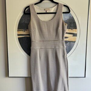Banana Republic Sleeveless White and Tan Striped Knee-Length Dress